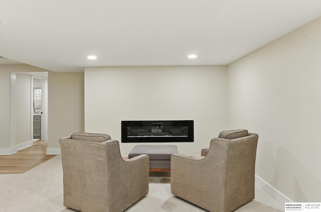 317 N 96th St, Omaha, NE 68114 - living area with baseboards, recessed lighting, a glass covered fireplace, and light carpet