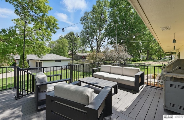 317 N 96th St, Omaha, NE 68114 - wooden deck with an outdoor hangout area, a yard, and grilling area