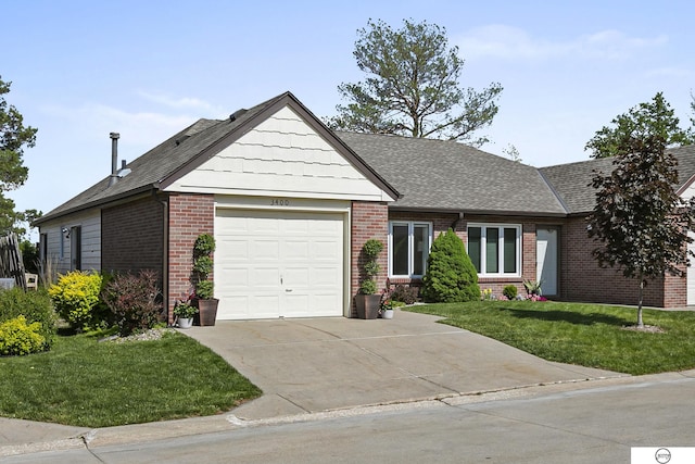 3400 Glenhaven Pl, Lincoln, NE 68506 - view of front facade with brick siding, a front lawn, concrete driveway, a garage, and a shingled roof