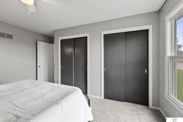 3400 Glenhaven Pl, Lincoln, NE 68506 - carpeted bedroom with two closets, baseboards, and ceiling fan