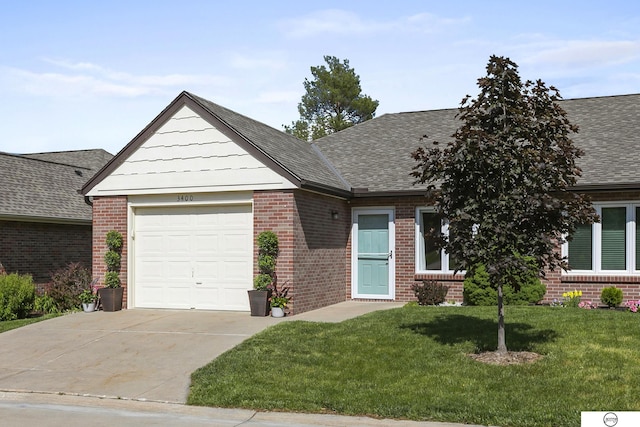 3400 Glenhaven Pl, Lincoln, NE 68506 - view of front of property with brick siding, a front yard, an attached garage, driveway, and a shingled roof