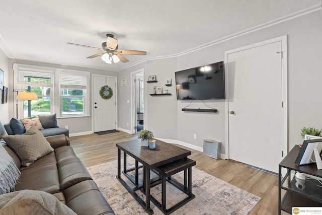 6458 Decatur St, Omaha, NE 68104 - living area featuring light wood-style floors, ceiling fan, baseboards, crown molding, and a textured ceiling