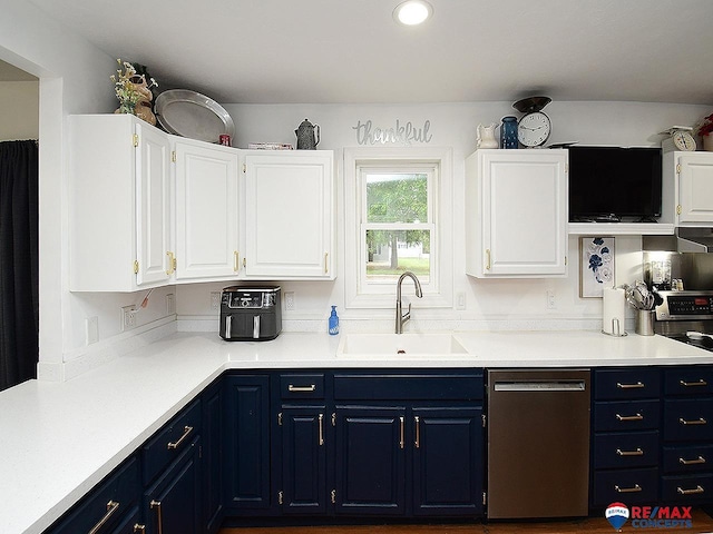105 Nebraska St, Murdock, NE 68407 - kitchen with dishwasher, a sink, blue cabinetry, white cabinetry, and recessed lighting
