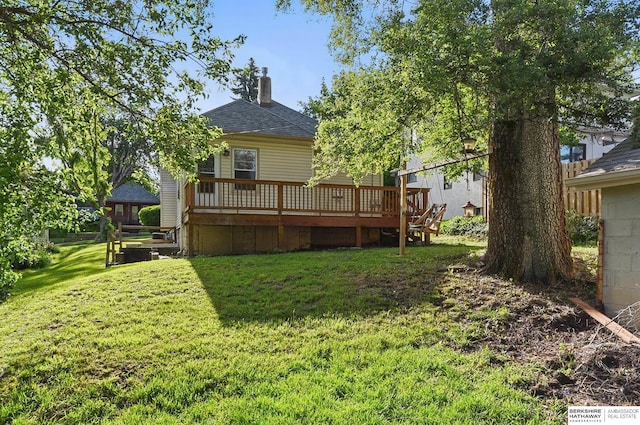 2544 N 64th St, Omaha, NE 68104 - rear view of house with a deck, a lawn, a shingled roof, and a chimney