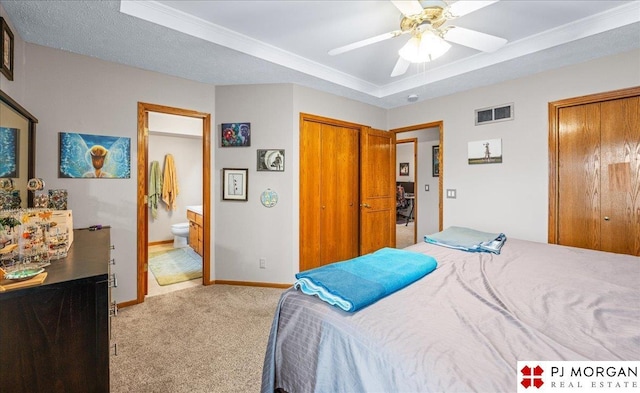 6718 Aspen St, La Vista, NE 68128 - carpeted bedroom with a closet, baseboards, a tray ceiling, ensuite bathroom, and a ceiling fan