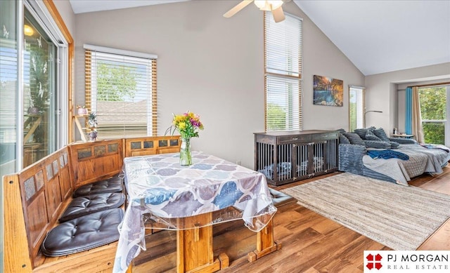 6718 Aspen St, La Vista, NE 68128 - dining area featuring wood finished floors, ceiling fan, and high vaulted ceiling