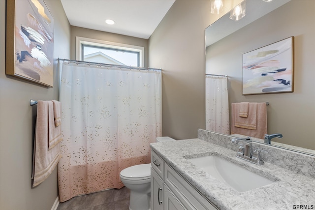 15301 Kansas Ave, Omaha, NE 68116 - bathroom featuring toilet, vanity, tile patterned flooring, and a shower with shower curtain