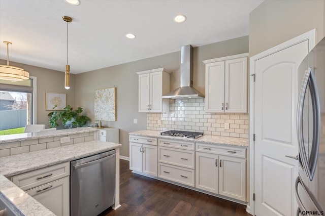 15301 Kansas Ave, Omaha, NE 68116 - kitchen with stainless steel appliances, wall chimney range hood, decorative backsplash, dark wood-type flooring, and white cabinetry