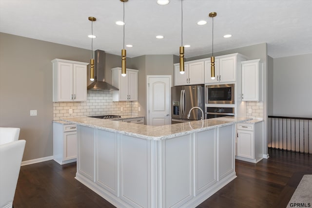 15301 Kansas Ave, Omaha, NE 68116 - kitchen with wall chimney exhaust hood, appliances with stainless steel finishes, dark wood-style flooring, white cabinets, and recessed lighting