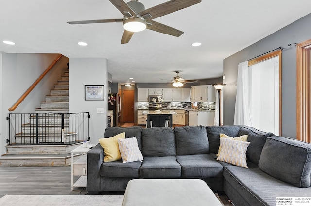 4414 S 174th St, Omaha, NE 68135 - living room with a ceiling fan, stairs, recessed lighting, and wood finished floors