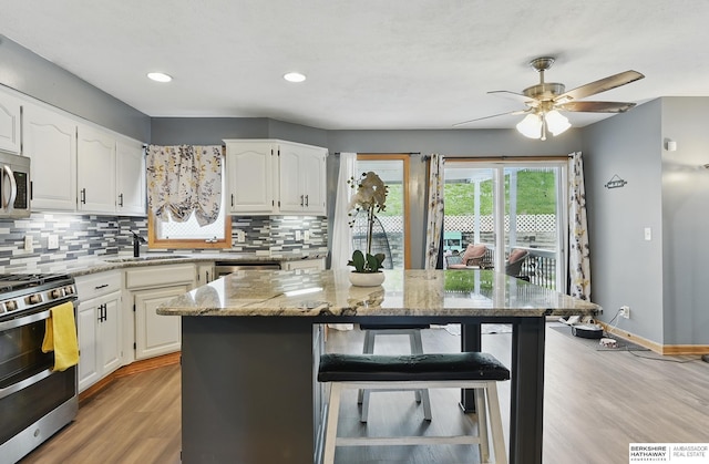 4414 S 174th St, Omaha, NE 68135 - kitchen with stainless steel appliances, a sink, decorative backsplash, ceiling fan, and light stone countertops