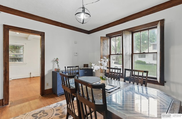 6920 N 30th St, Omaha, NE 68112 - dining area with healthy amount of natural light, crown molding, light wood-style flooring, and baseboards