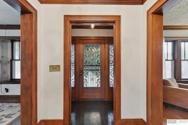 6920 N 30th St, Omaha, NE 68112 - foyer with crown molding, plenty of natural light, hardwood / wood-style floors, and baseboards
