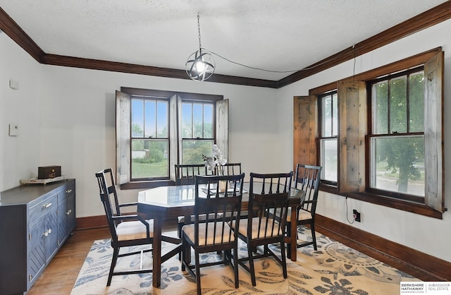 6920 N 30th St, Omaha, NE 68112 - dining area featuring ornamental molding, light wood-style flooring, a textured ceiling, and baseboards