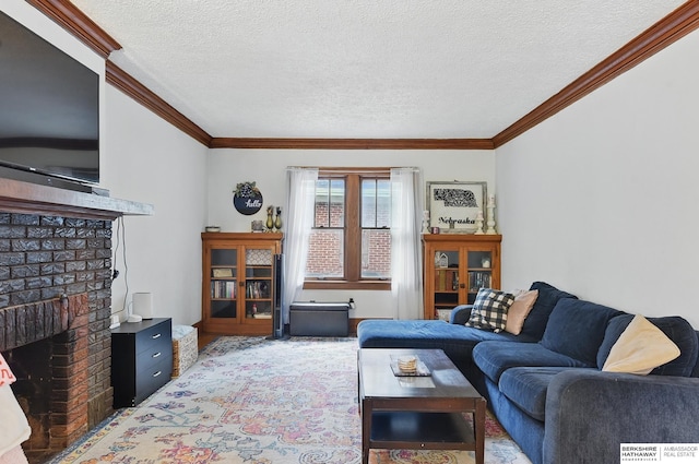 6920 N 30th St, Omaha, NE 68112 - living room featuring a fireplace, ornamental molding, and a textured ceiling