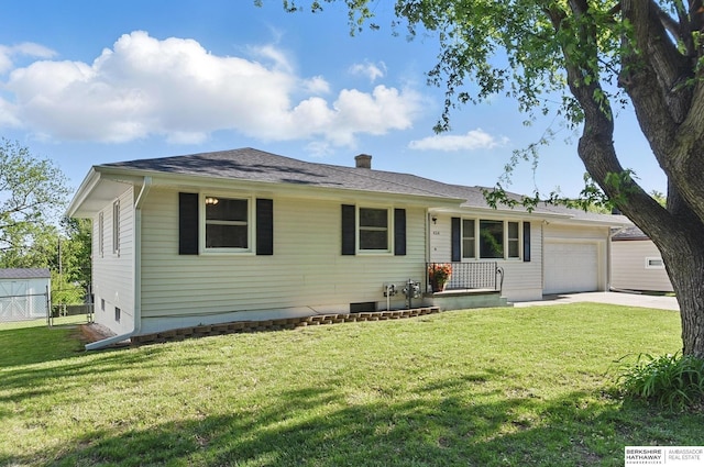 4314 Oak St, Omaha, NE 68105 - ranch-style house with an attached garage, a chimney, driveway, and a shingled roof
