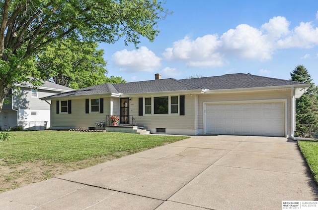 4314 Oak St, Omaha, NE 68105 - ranch-style house with a garage, a front yard, driveway, a chimney, and a shingled roof