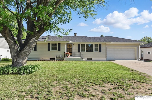 4314 Oak St, Omaha, NE 68105 - ranch-style house featuring an attached garage, concrete driveway, a front yard, and a chimney
