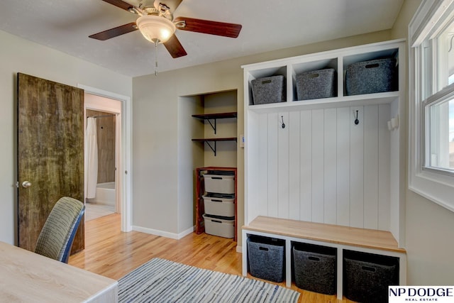 4705 N 95th St, Omaha, NE 68134 - mudroom with light wood-type flooring, a ceiling fan, and baseboards