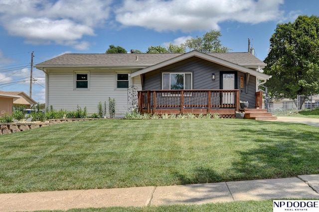 4705 N 95th St, Omaha, NE 68134 - ranch-style home with a front lawn, a wooden deck, and a shingled roof
