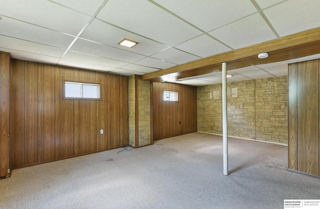 128 S 110th St, Omaha, NE 68154 - below grade area with a drop ceiling, carpet flooring, and wooden walls