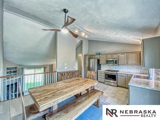 14603 Nebraska Cir, Omaha, NE 68116 - kitchen featuring stainless steel appliances, lofted ceiling, a sink, a ceiling fan, and tasteful backsplash