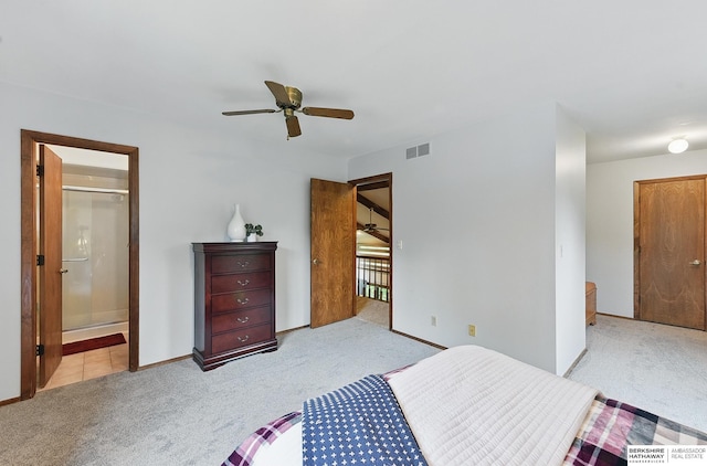 301 Oakridge Ct, Bellevue, NE 68005 - bedroom with light carpet, a ceiling fan, baseboards, and ensuite bathroom