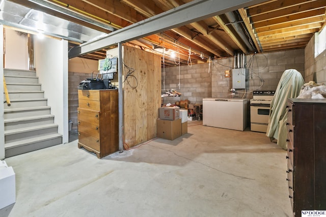 13952 Frederick Cir, Omaha, NE 68138 - unfinished below grade area with refrigerator, electric panel, and stairs