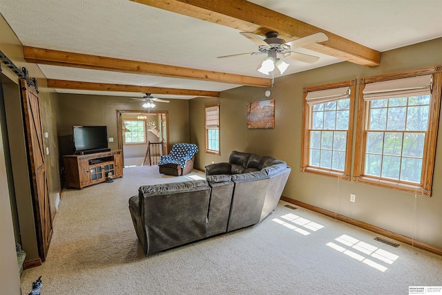 5531 County Road 34, Fort Calhoun, NE 68023 - living room featuring carpet flooring, a barn door, beam ceiling, a ceiling fan, and baseboards