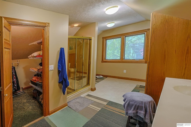 5531 County Road 34, Fort Calhoun, NE 68023 - bathroom featuring vaulted ceiling, a shower stall, a spacious closet, a textured ceiling, and baseboards