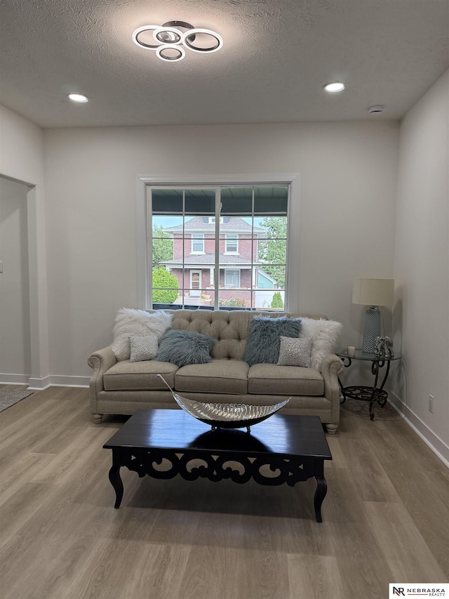 914 S 26th St, Omaha, NE 68105 - living area with wood finished floors, a textured ceiling, baseboards, and recessed lighting
