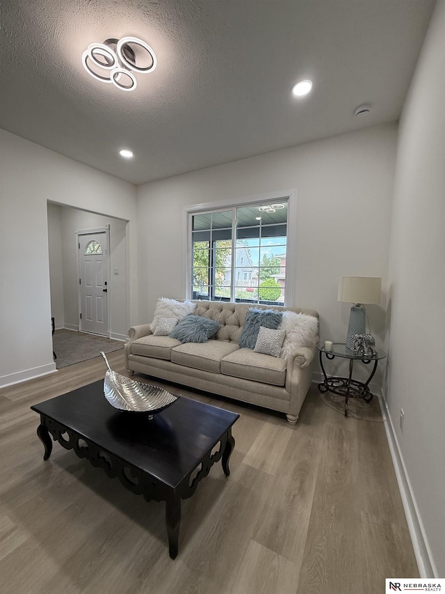914 S 26th St, Omaha, NE 68105 - living area featuring wood finished floors, baseboards, a textured ceiling, and recessed lighting