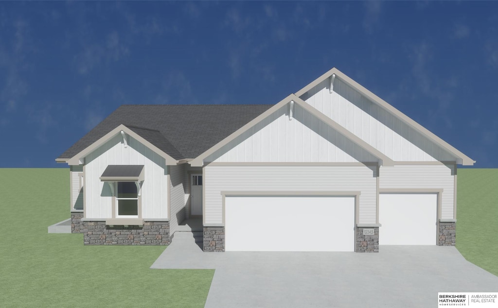 11011 S 104th Ave, Papillion, NE 68046 - view of front of house featuring an attached garage, stone siding, driveway, and a front yard