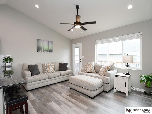 4062 W Gary Gately St, Lincoln, NE 68528 - living room with lofted ceiling, a ceiling fan, wood finished floors, recessed lighting, and plenty of natural light