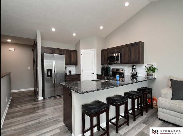 4062 W Gary Gately St, Lincoln, NE 68528 - kitchen with appliances with stainless steel finishes, a sink, dark brown cabinetry, light wood-style floors, and lofted ceiling