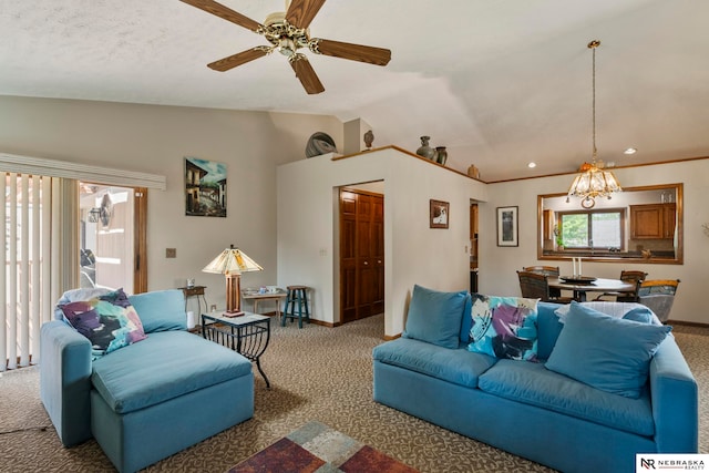 5082 S 149th Ct, Omaha, NE 68137 - living area with carpet, vaulted ceiling, a ceiling fan, baseboards, and a chandelier