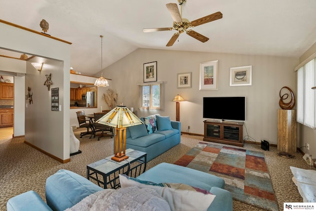 5082 S 149th Ct, Omaha, NE 68137 - carpeted living room featuring lofted ceiling, baseboards, and a ceiling fan
