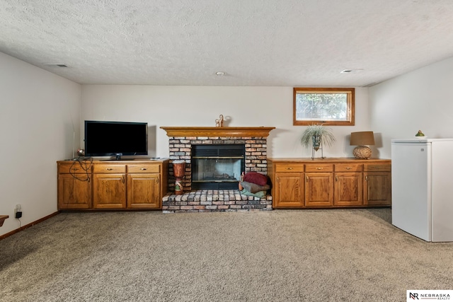 5082 S 149th Ct, Omaha, NE 68137 - carpeted living area with a textured ceiling and a fireplace