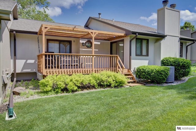 5082 S 149th Ct, Omaha, NE 68137 - back of property with a chimney, a yard, cooling unit, and a shingled roof