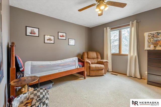 926 Iron Rd, Papillion, NE 68046 - bedroom featuring carpet flooring, a textured ceiling, ceiling fan, and baseboards