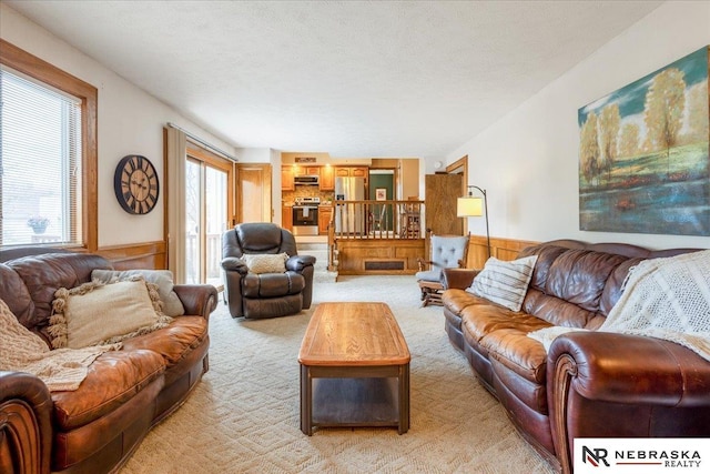 926 Iron Rd, Papillion, NE 68046 - living area featuring wainscoting, light carpet, and wood walls