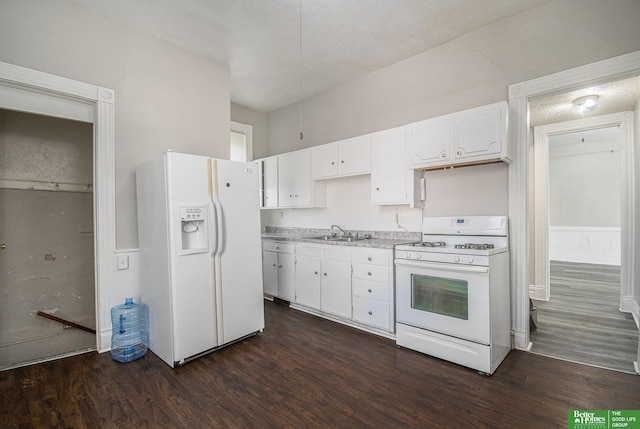 1320 N 40th St, Omaha, NE 68131 - kitchen featuring white appliances, dark wood-style flooring, white cabinets, light countertops, and a sink