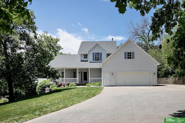 8112 Molokai Dr, Papillion, NE 68046 - view of front of property with covered porch, driveway, a front lawn, an attached garage, and a shingled roof