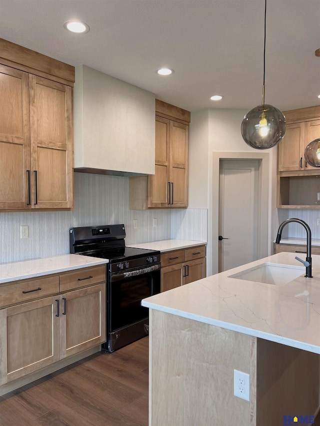 900 Middleton Ave, Lincoln, NE 68521 - kitchen with black range with electric stovetop, a sink, dark wood-style flooring, light stone counters, and recessed lighting