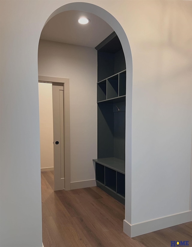900 Middleton Ave, Lincoln, NE 68521 - mudroom featuring wood finished floors, baseboards, arched walkways, and recessed lighting