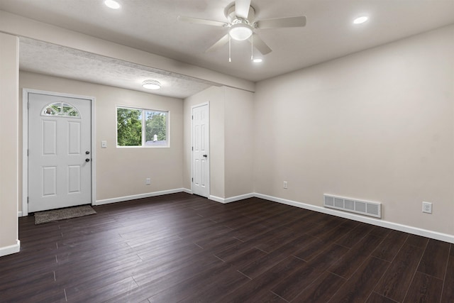 5437 S 18th St, Omaha, NE 68107 - entrance foyer featuring baseboards, dark wood finished floors, ceiling fan, and recessed lighting