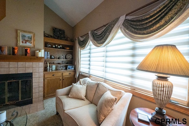 10755 Berry Plz, Omaha, NE 68127 - living room featuring a fireplace, vaulted ceiling, and built in shelves