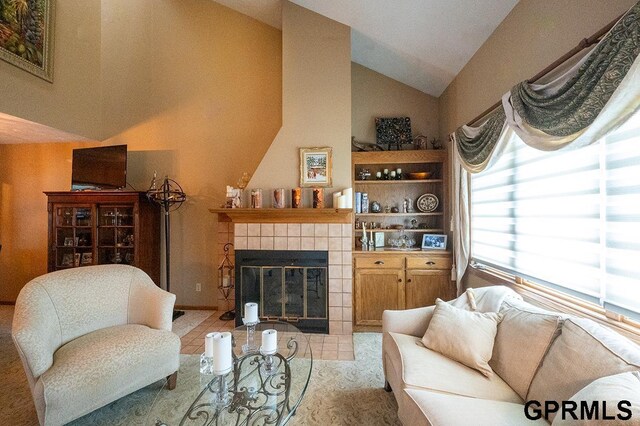10755 Berry Plz, Omaha, NE 68127 - living area with lofted ceiling and a fireplace