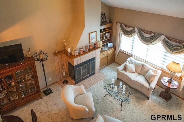10755 Berry Plz, Omaha, NE 68127 - living room featuring a fireplace, carpet floors, and baseboards