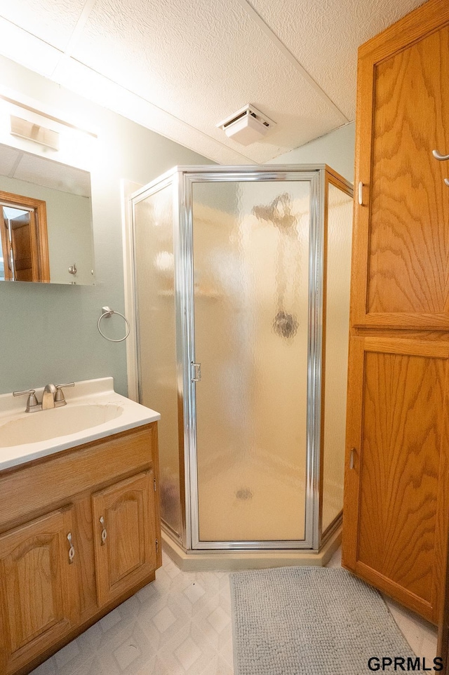 10755 Berry Plz, Omaha, NE 68127 - bathroom featuring vanity, a stall shower, tile patterned floors, and a textured ceiling